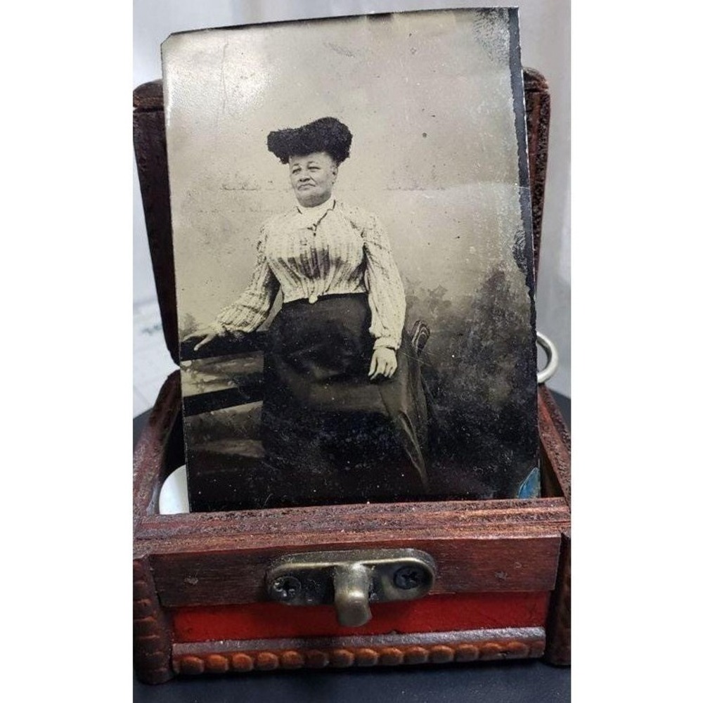 Antique Tintype Portrait of Victorian Woman Black & White Metal Plate